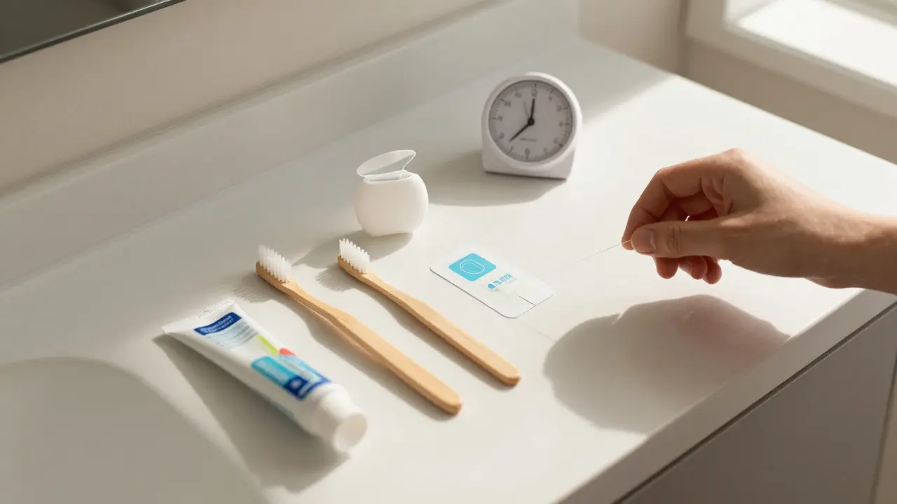 Zubní kartáček, nit a mezizubní kartáčky uspořádané na stole s fluoridovou pastou a tabletkou pro zviditelnění plaku.