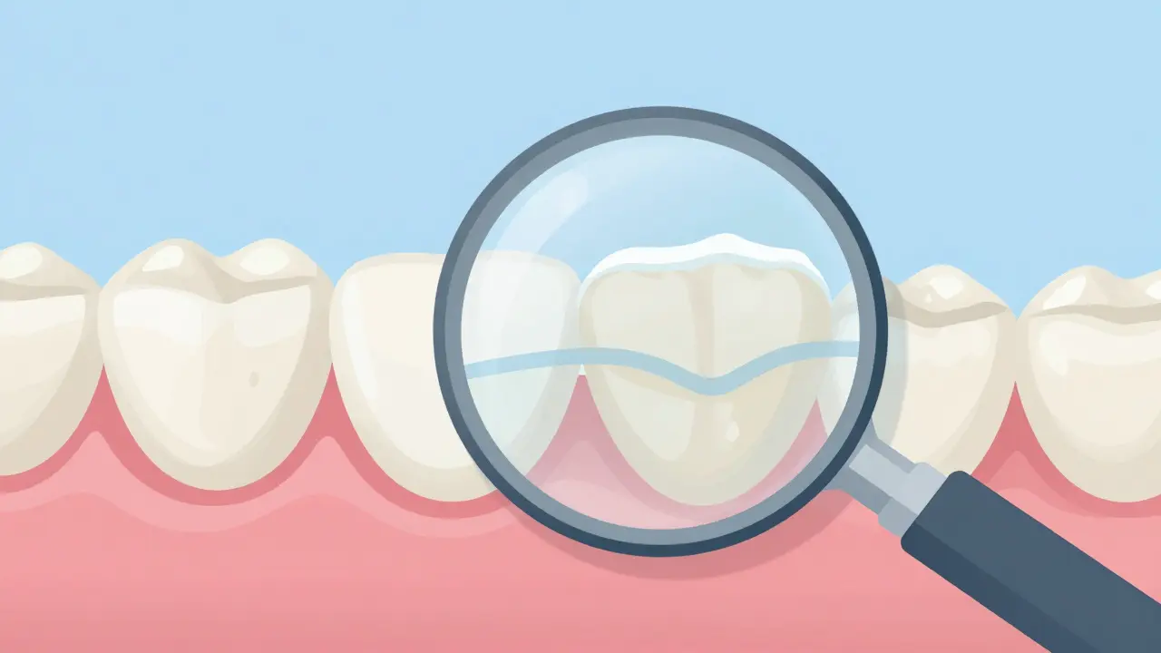 Zvětšený pohled na zubní email s ochrannou vrstvou aminofluoridu.