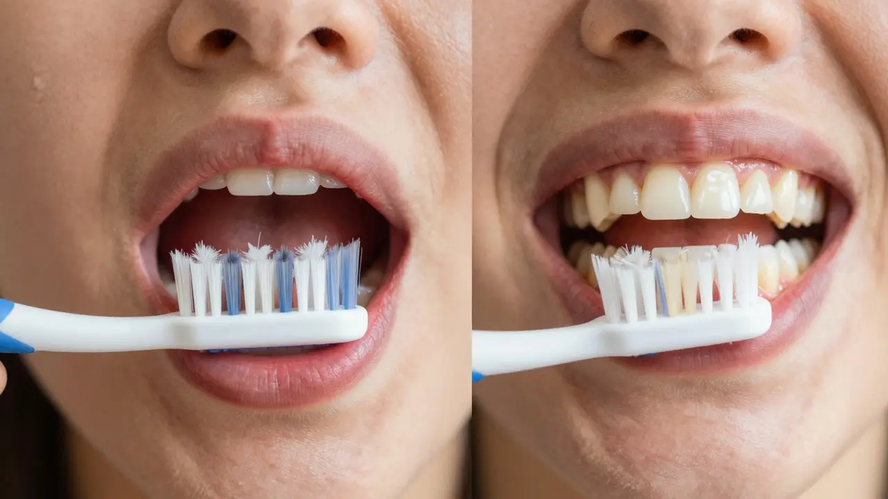 Comparison of conventional and Curaprox toothbrushes showing healthy vs. irritated gums.
