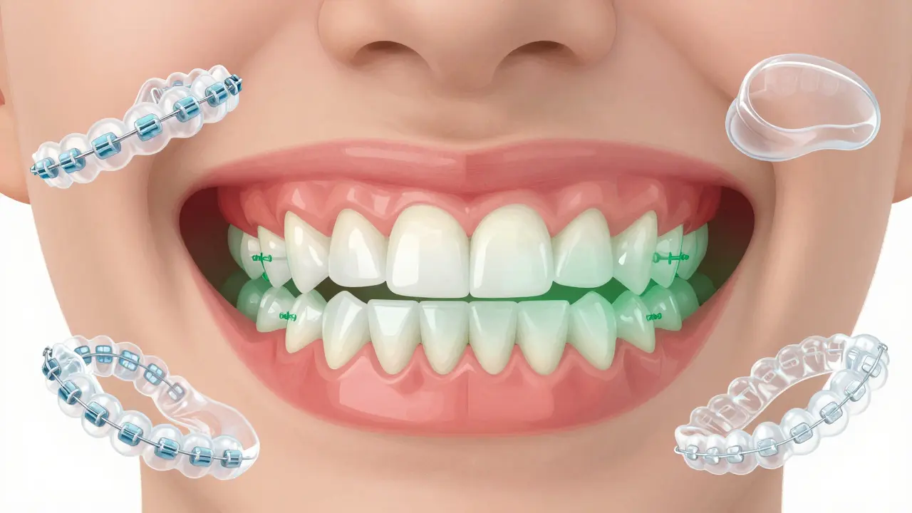 Cross-sectional view of a jaw transforming from crooked to straight teeth with symbolic icons of orthodontic treatments.
