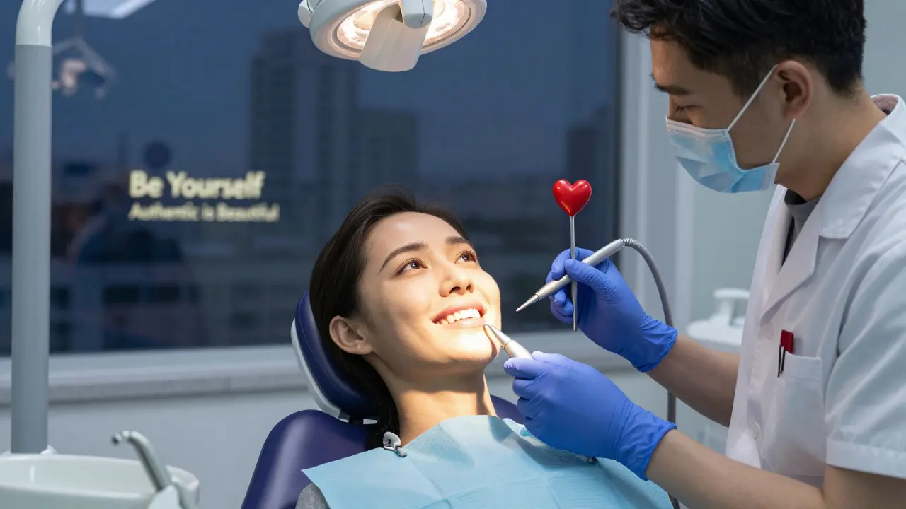 Dentistický křeslo s pacientkou, která se dotýká svých zubů, za ní plakát s výrokem 'Buď sám sebou'.