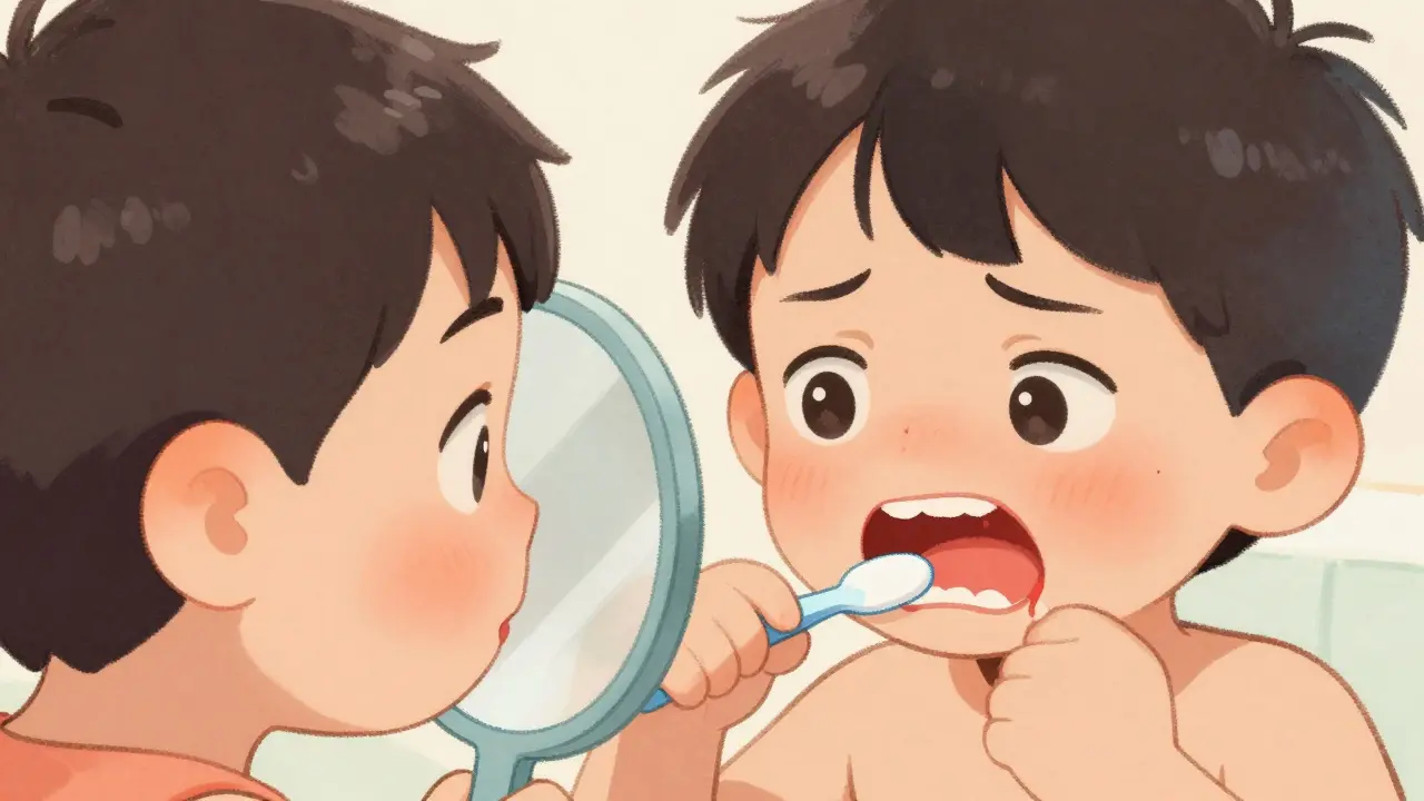 Dítě s červenými a otoklými dásněmi krvácícími při čištění.