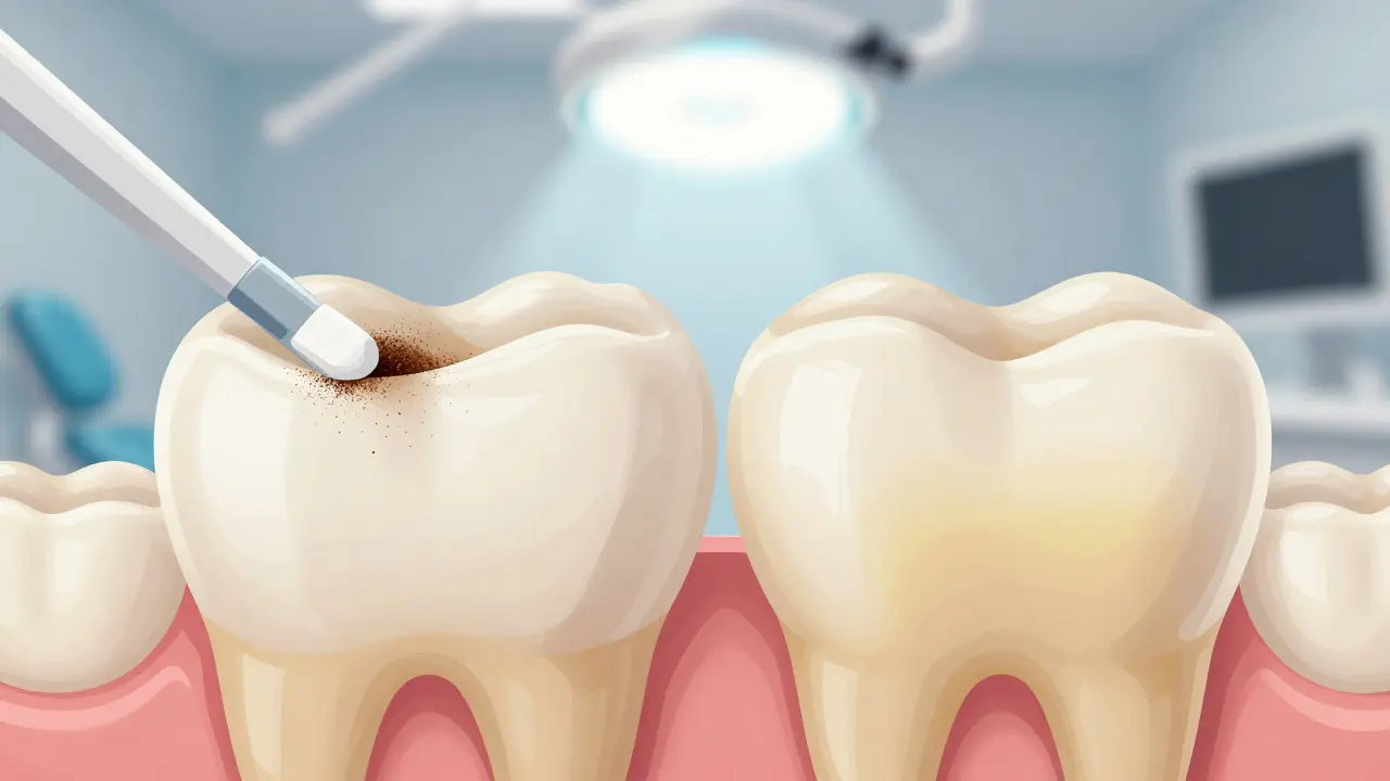 Dva zuby: jeden s povrchovými skvrnami, druhý s vnitřním zbarvením, s odstíny lékařského odběru v pozadí.