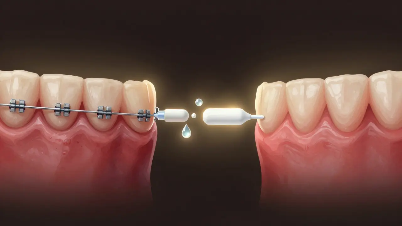 Dvě části obrázku: zánětlivé dásně s rovnátky na levé straně, zahojené dásně na pravé.