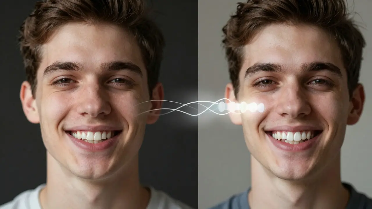 Dvě strany obličeje: jedna s křivými zuby, druhá s dokonalými fazetami.