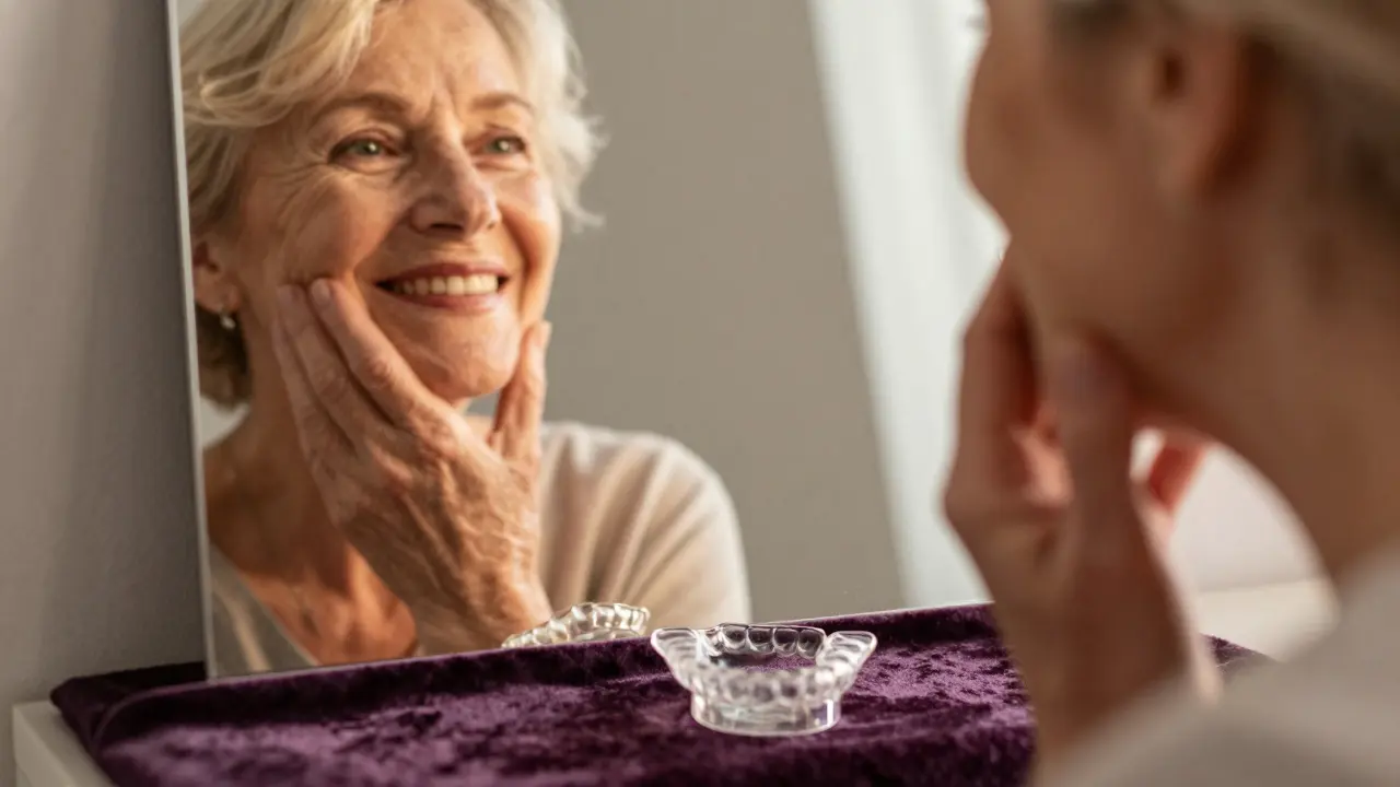Elderly woman admiring her smile in a mirror, with a retainer beside her, symbolizing lifelong dental care.