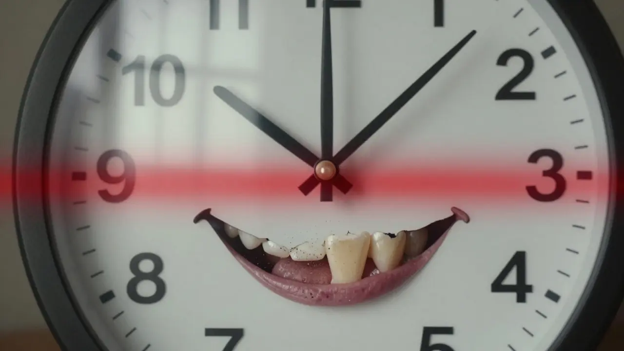 Hodiny ukazují 48 hodin nad úsměvem, kde jeden přední zub praská a mizí.