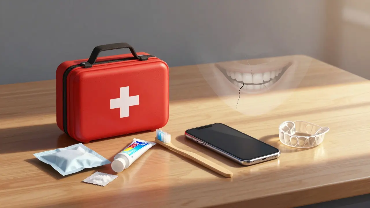 Malá nouzová taštička s ledem, solí, kartáčkem a noční ochranou na stole.