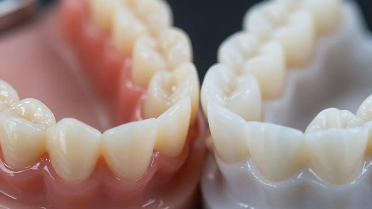 Porovnání měkkého silikonu a tvrdého plastu pro nalepovací zuby.