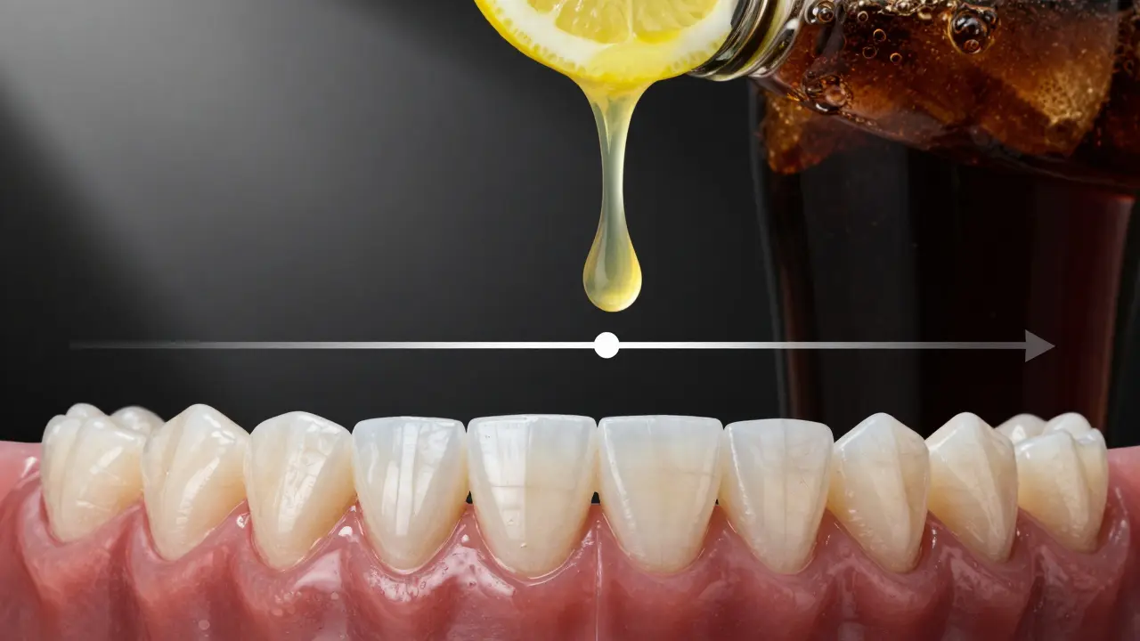 Porovnání nových a opotřebovaných nalepovacích zubů s důsledky kyselých nápojů a škrábaní.