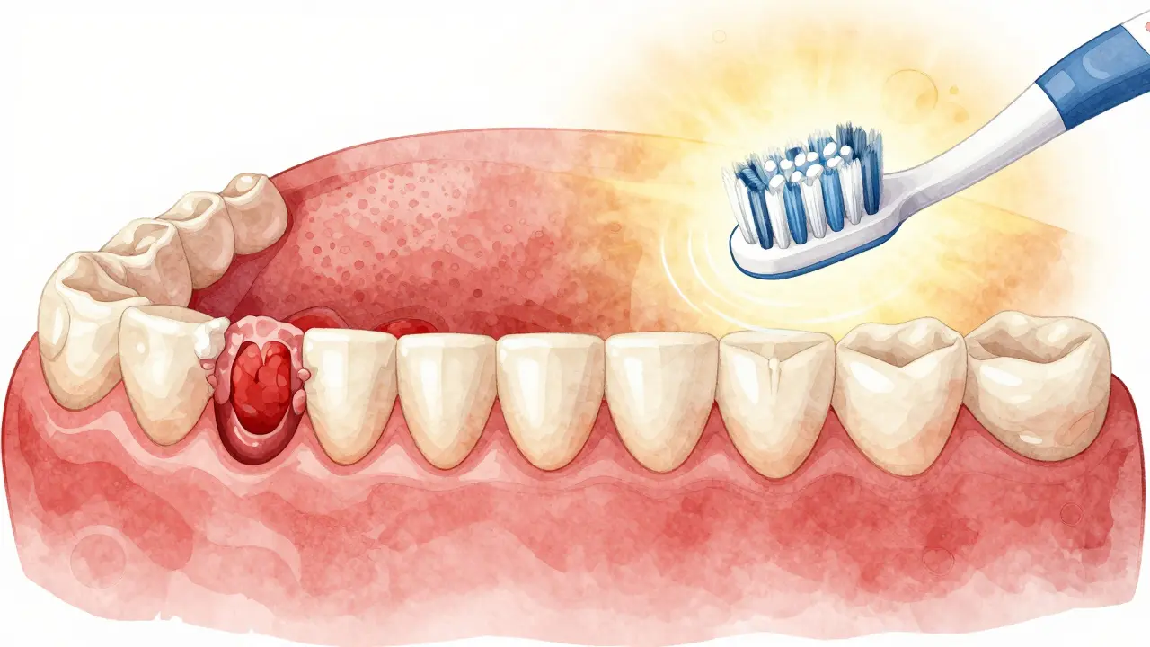 Porovnání zdravých a zánětlivých dásní, sonický kartáček odstraňuje plak a obnovuje zdraví dásní.