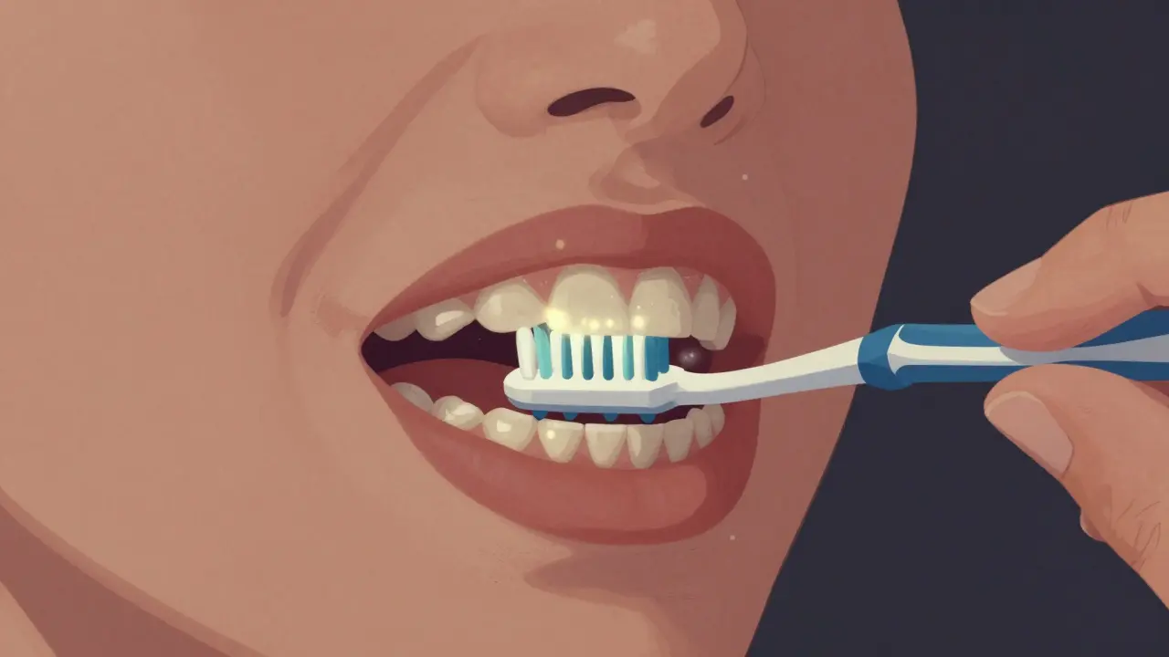 Použití mezizubního kartáčku na zadní zuby s správným pohybem.