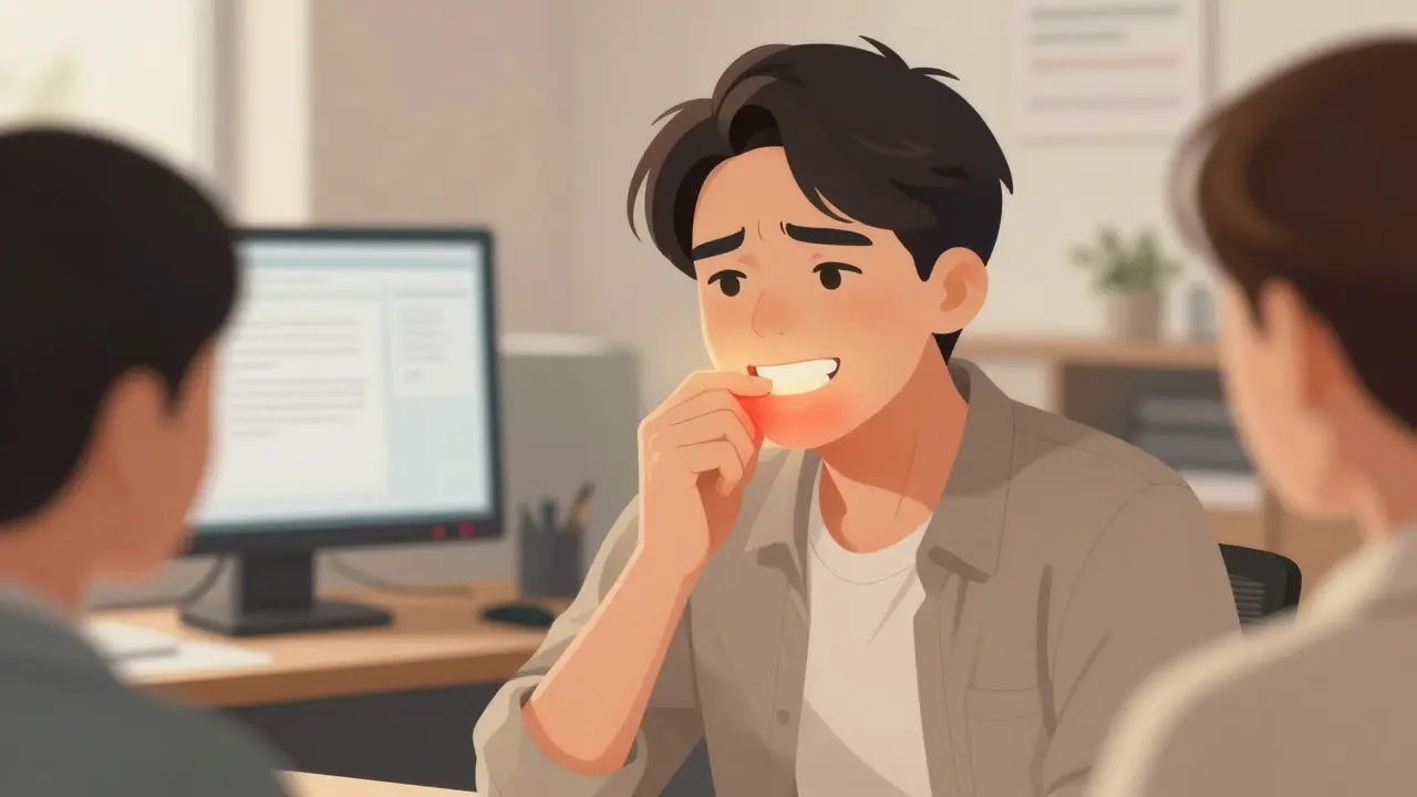 Pracovník se dotýká předních zubů během schůzky, zatímco kolegové nevědí.