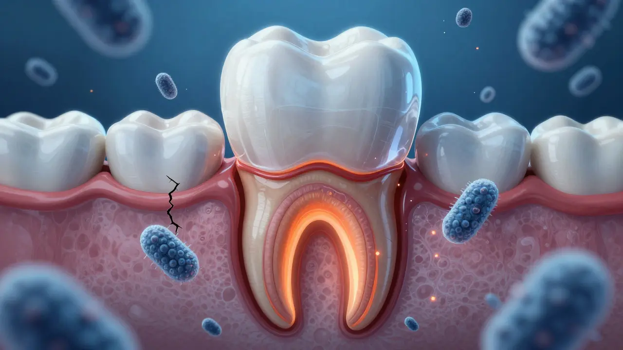 Průřez předním zubem ukazující postupující kaz od skloviny k pulpě s bakteriemi.