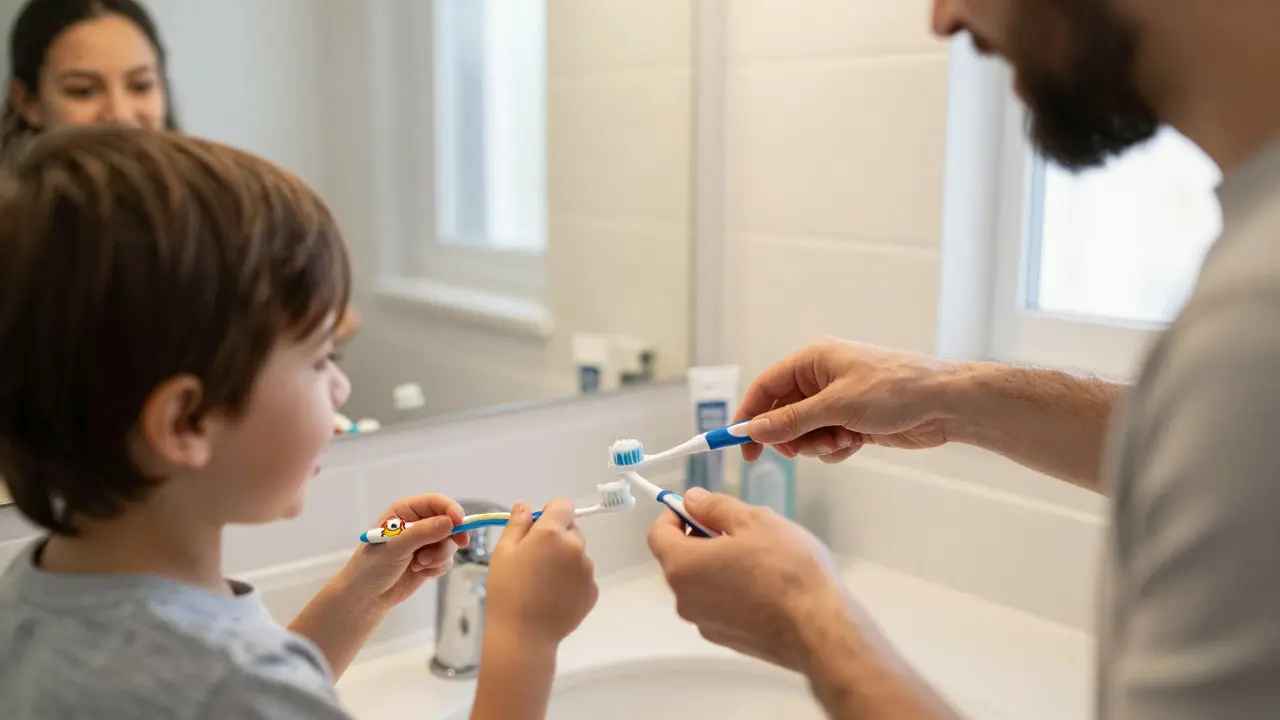 Rodič a dítě společně čistí zuby ve vaně, s fluoridovou pastou a kartáčkem s postavou z filmu.