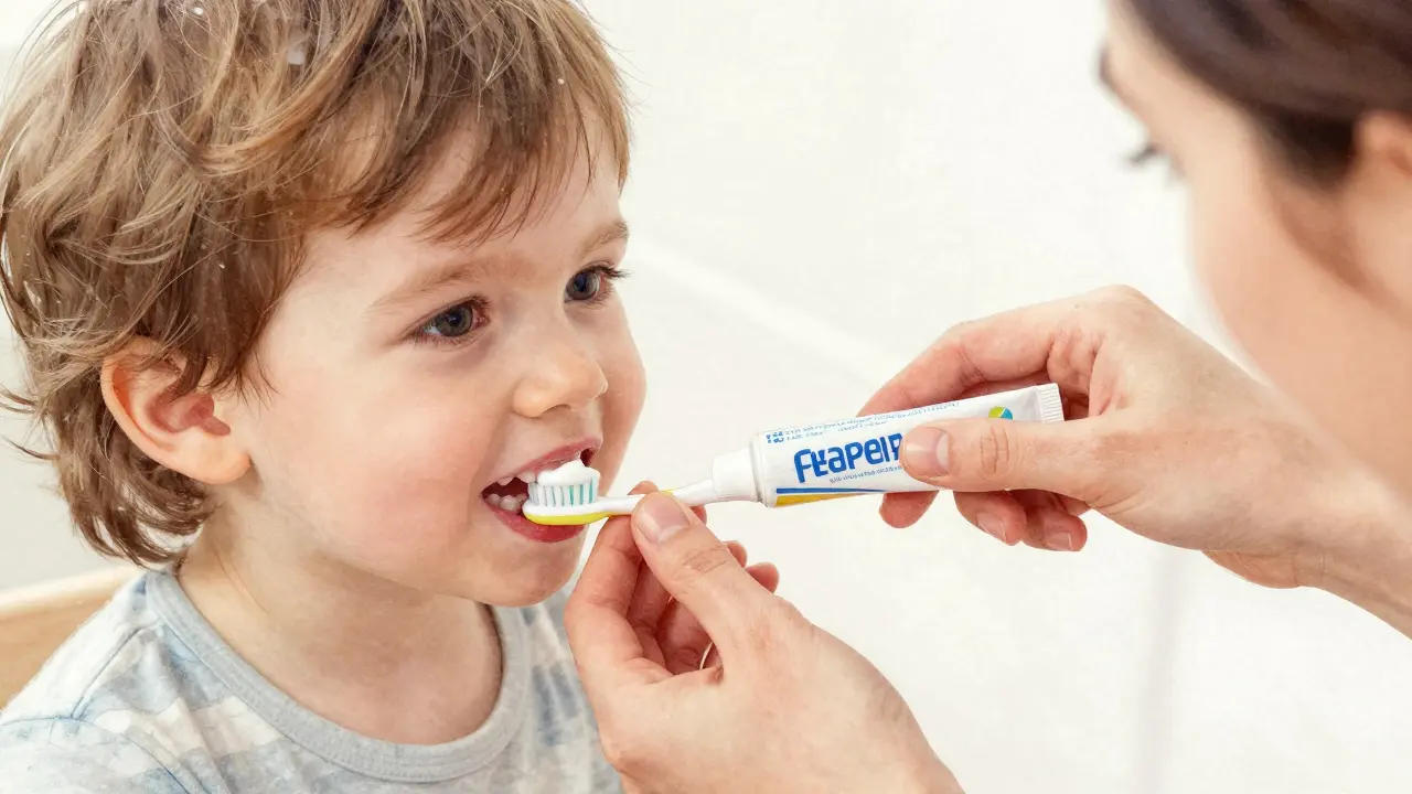 Rodič čistí dítěti zuby fluoridovou pastou s měkkým kartáčkem.