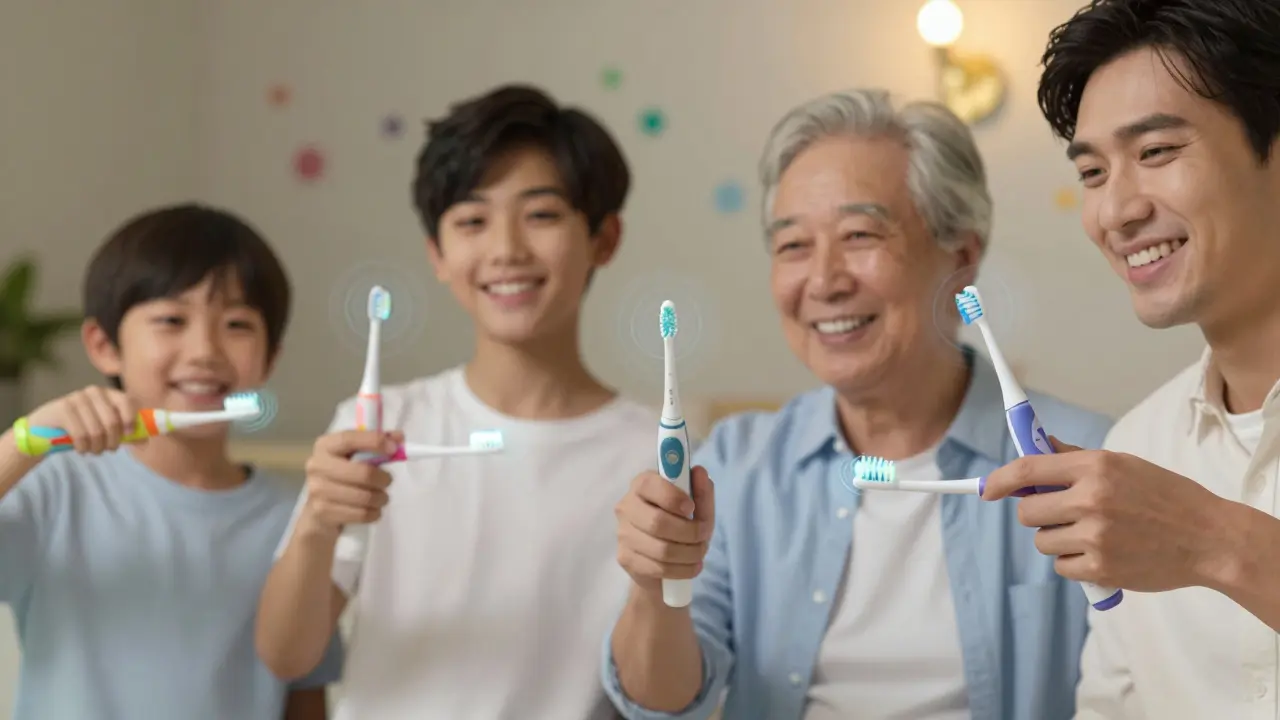 Rodina používá sonické kartáčky Curaprox, všichni mají zdravé dásně a úsměv.