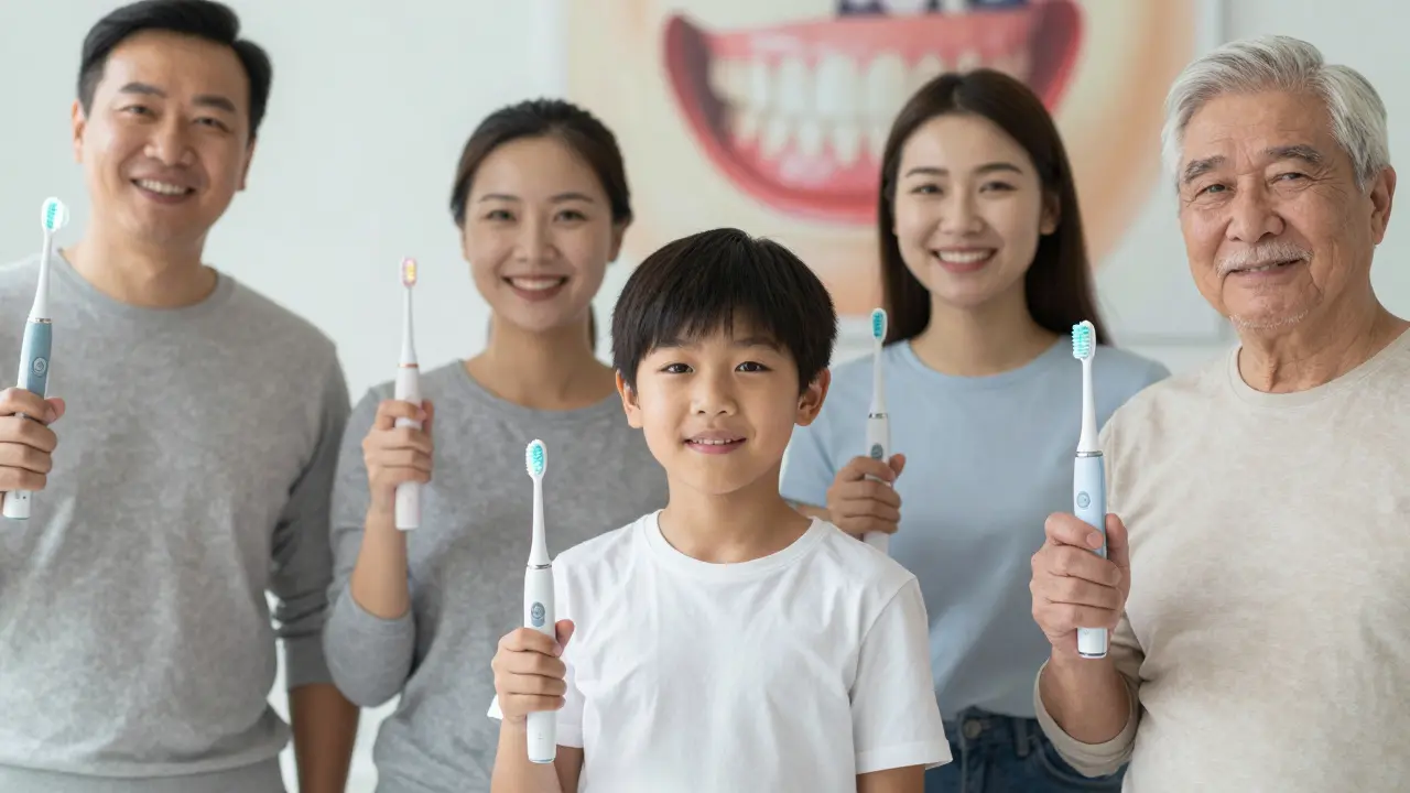 Různé věkové skupiny se usmívají, používají sonické kartáčky, symbolizující přístupnost a efektivitu.