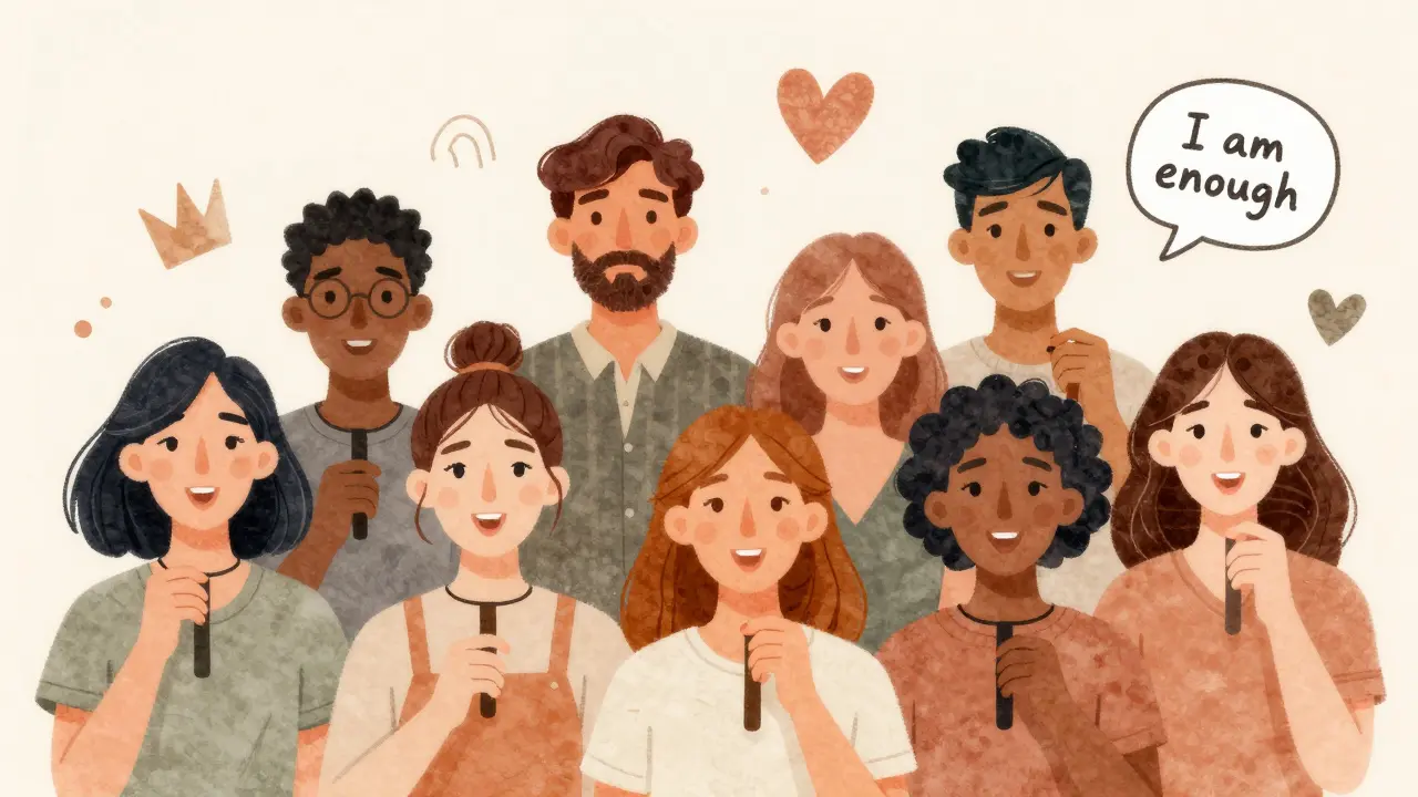 Různí lidé se zrcadly, kteří se usmívají na své mezery mezi zuby, symbolizující sebevědomí.