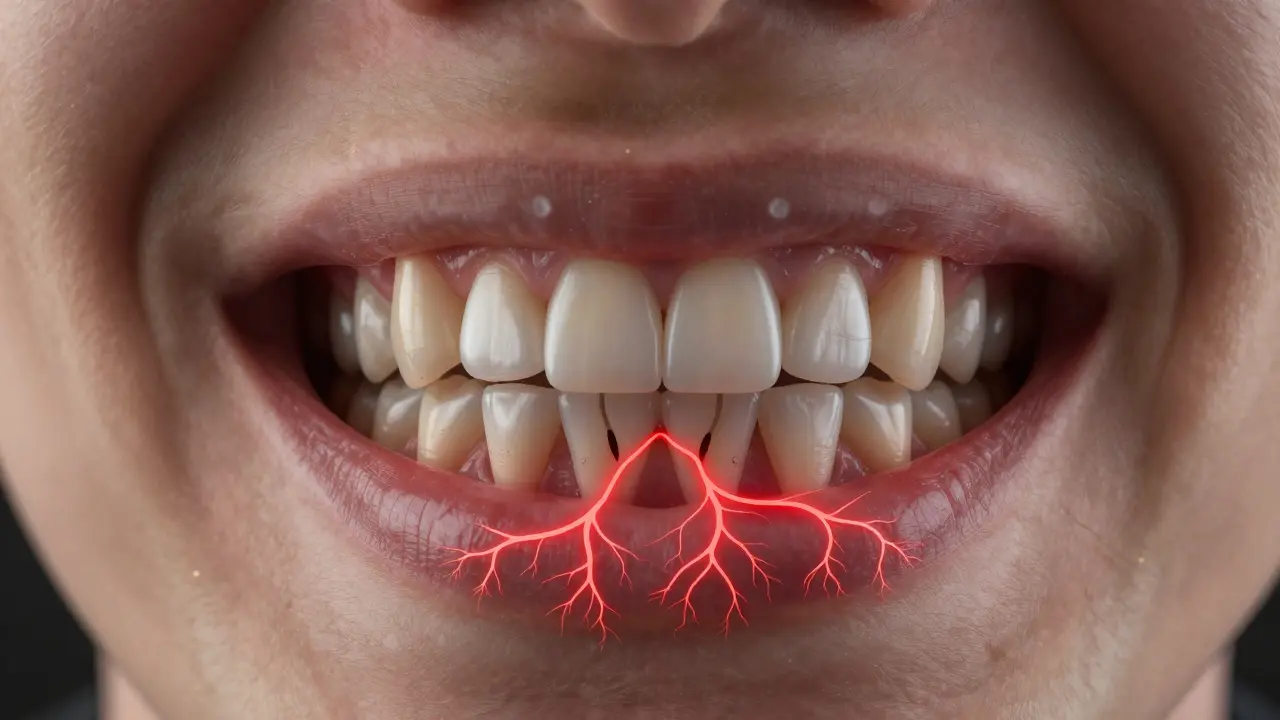 Skrytý zubní kámen jako kořeny poškozující kost kolem zubů.