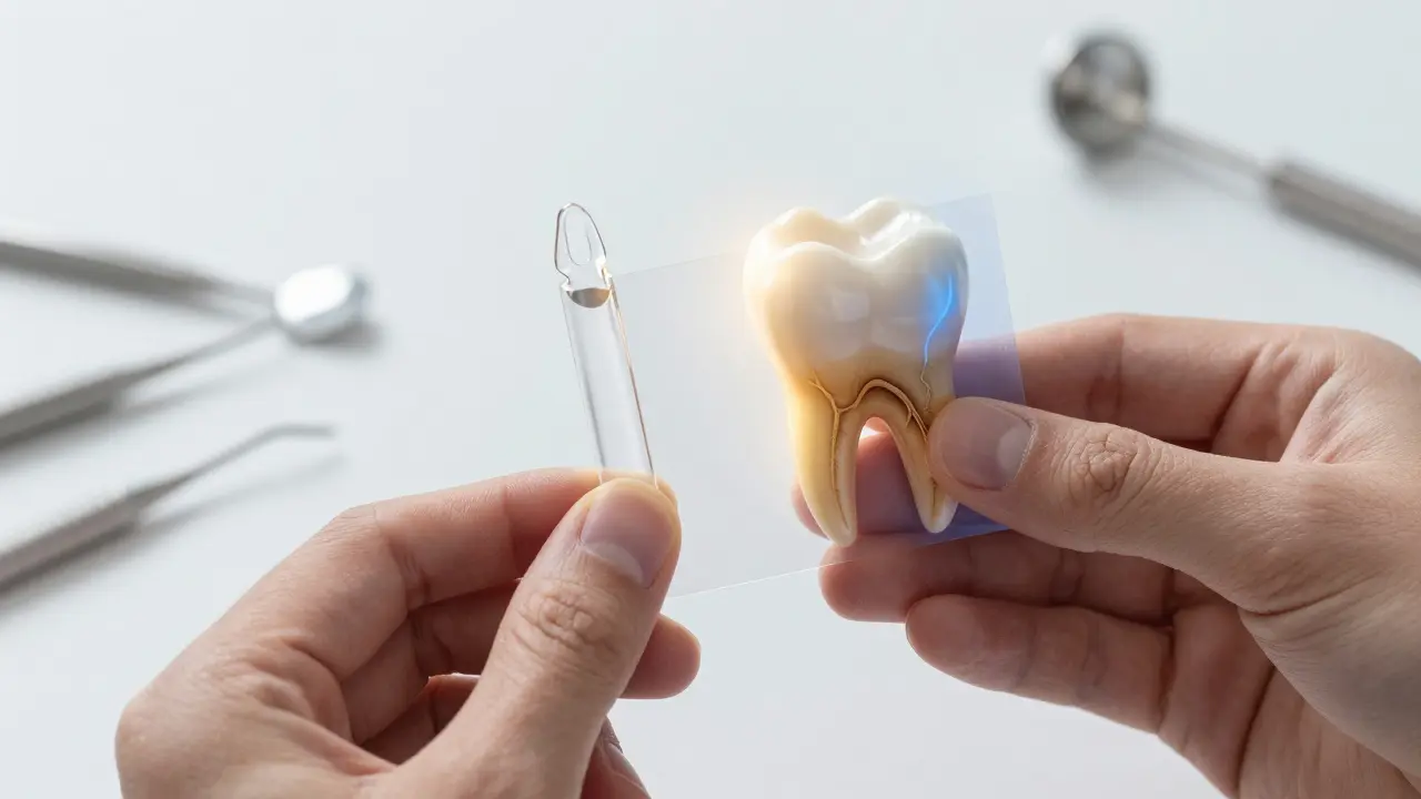 Srovnání zdravého zubu a poškozeného vnitřku s plombou jako ochranou.