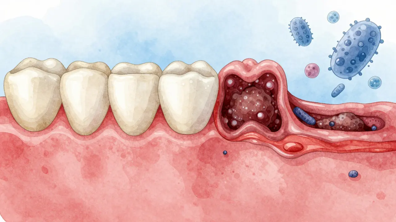 Srovnání zdravých a zánětlivých dásní s viditelným kamenem pod dásní.