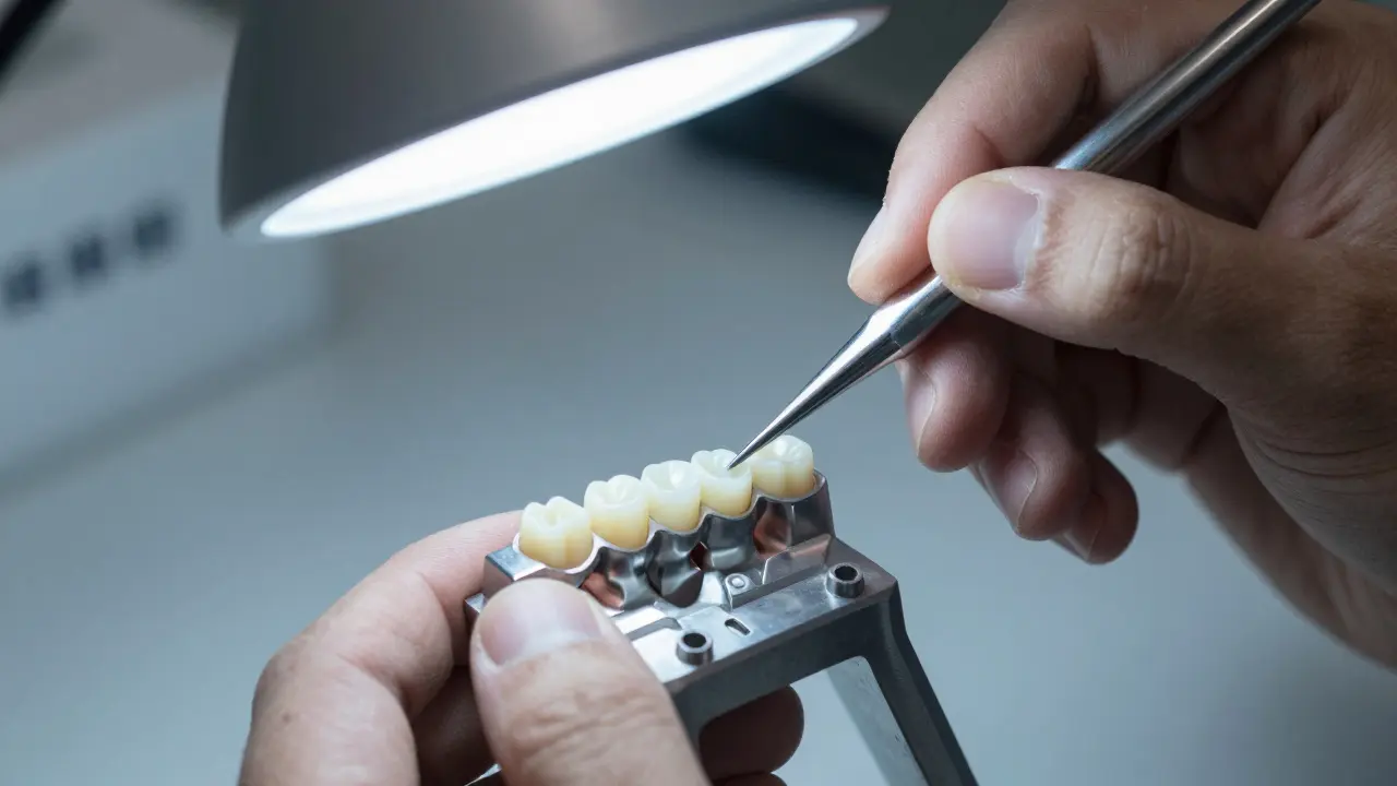 Technik v zubní laboratoři nanáší keramickou vrstvu na kovové jádro.