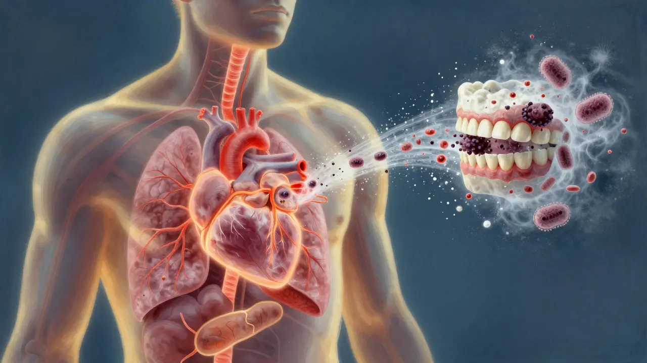 Transparenční ilustrace propojení zubního kamene se zánětem v těle – bakterie jsou odstraňovány z úst.