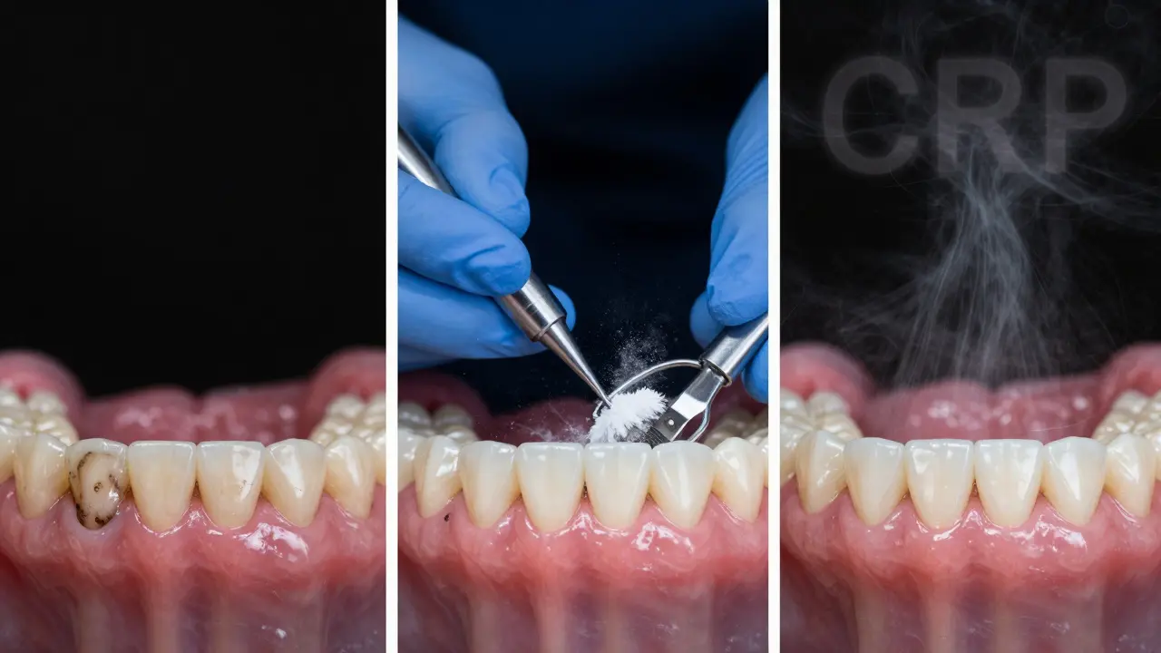 Tři fáze zubního broušení: špinavé zuby, léčba a čisté, zdravé zuby s zdravými dásněmi.