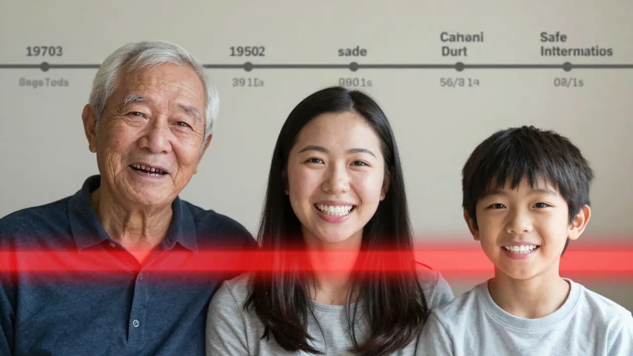 Tři generace rodiny: starší s poškozenými zuby, střední věk s částečně léčenými a dítě se zdravými zuby, symbolizující prevenci.