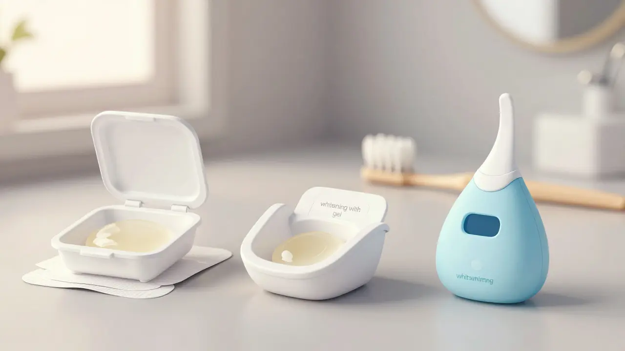 Tři typy domácích sad na bělení zubů: proužky, formy a kartridže