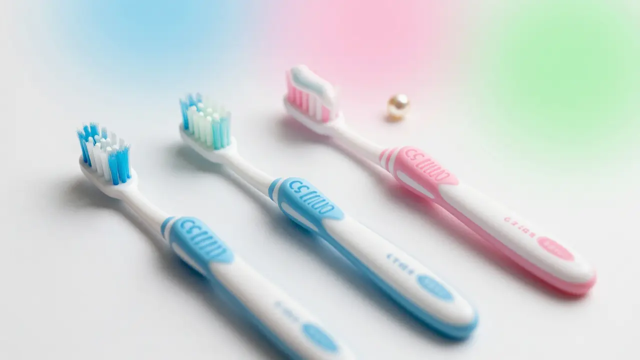 Tři zubní kartáčky pro děti různých věkových kategorií uspořádané podle vývoje
