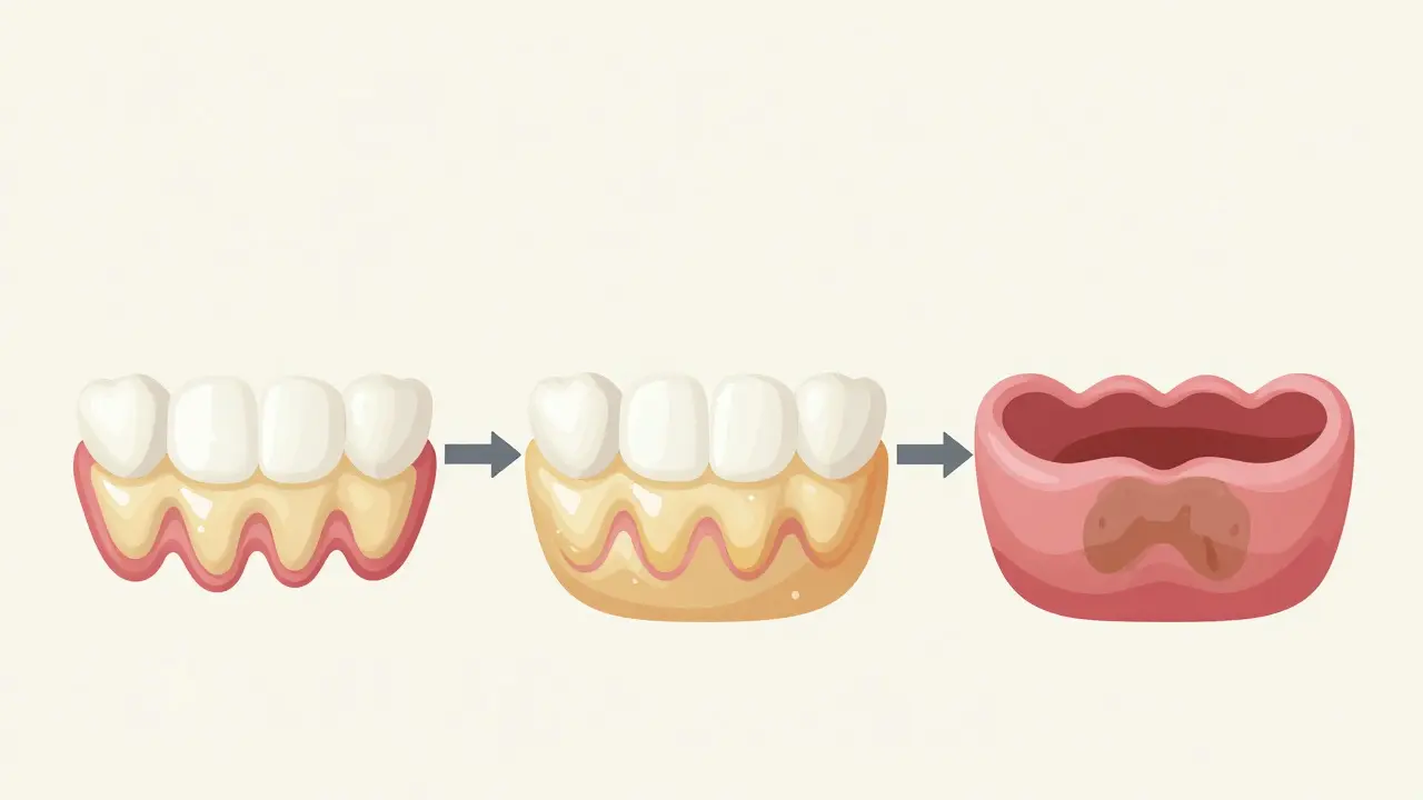 Vizualizace vývoje plaku na zubech dítěte do zubního kamene a zánětu dásní.
