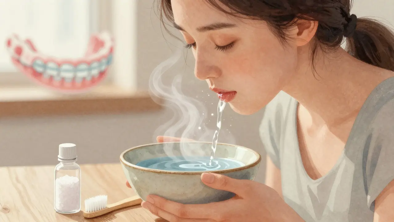 Žena proplachuje ústa solným roztokem, vedle ní kartáček a sůl, klidná atmosféra.