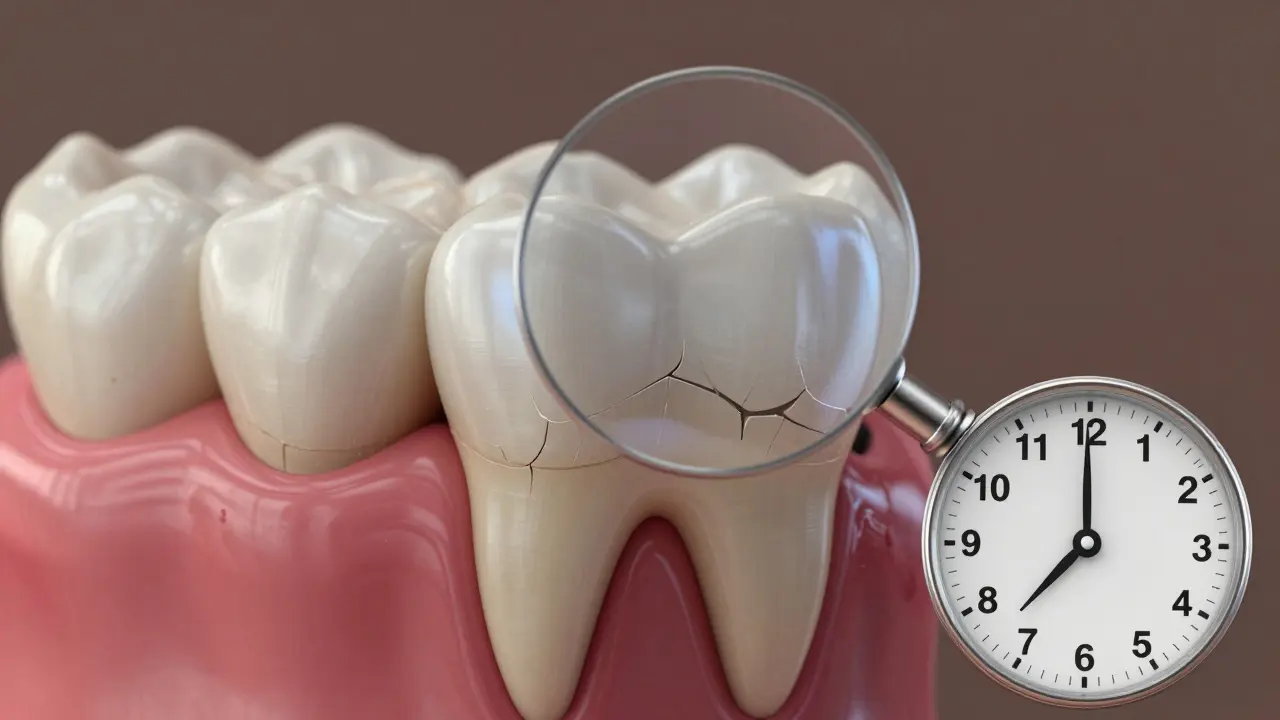 Zub pod mikroskopem s poškozenou emalí a viditelným dentinem, symbolizující dlouhodobé škodlivé účinky bělící pasty.