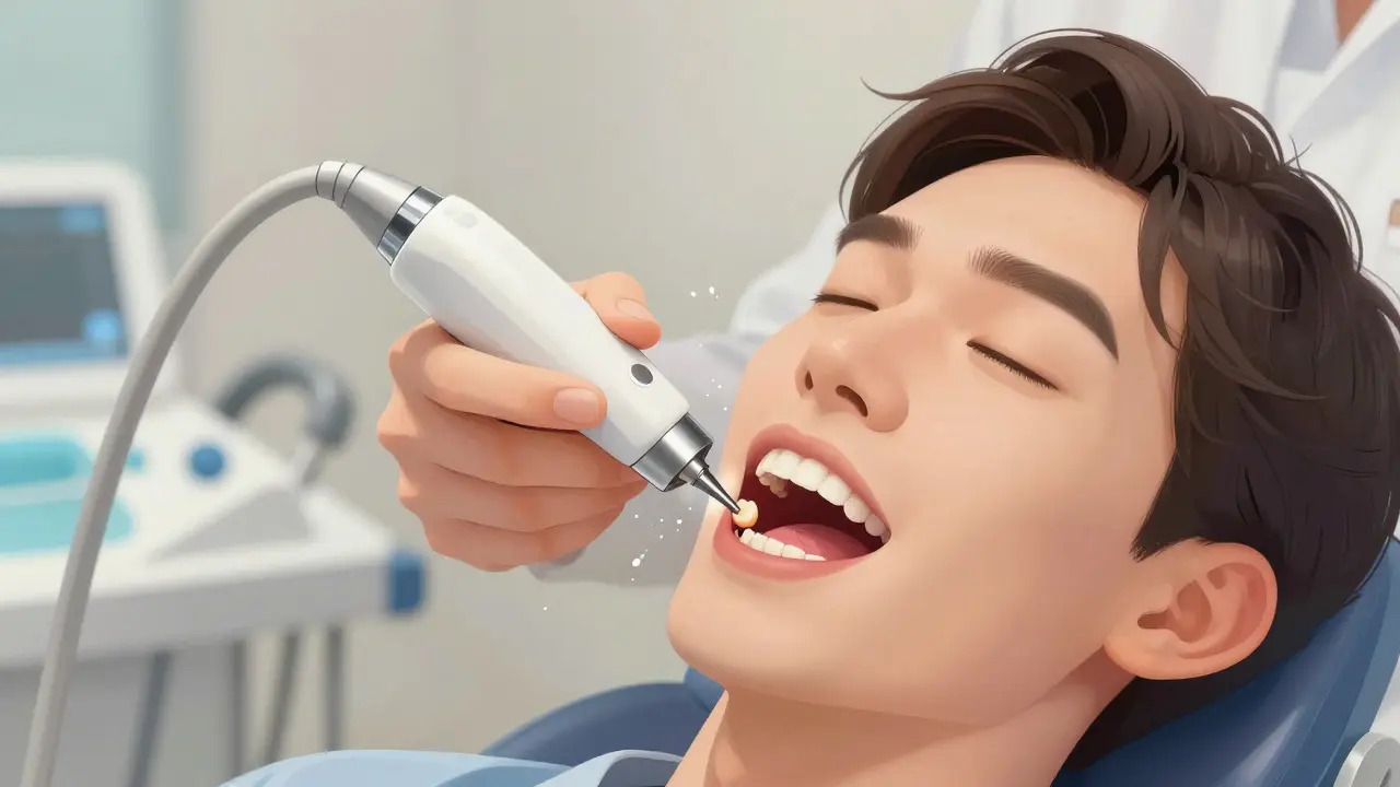 Zubní hygienistka odstraňuje kámen ultrazvukovým přístrojem.