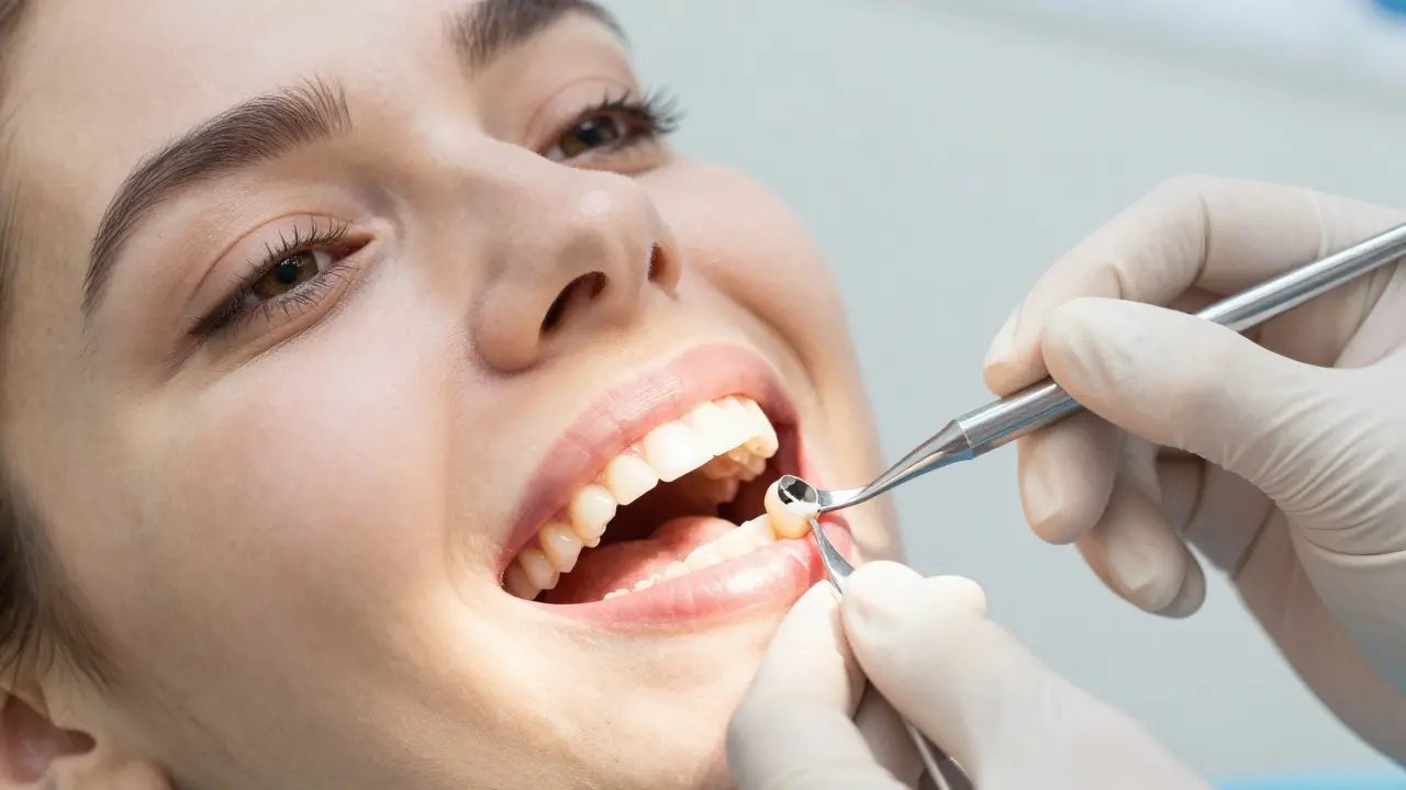 Zubní lékař nasazuje trvalou metalokeramickou korunku pacientovi.