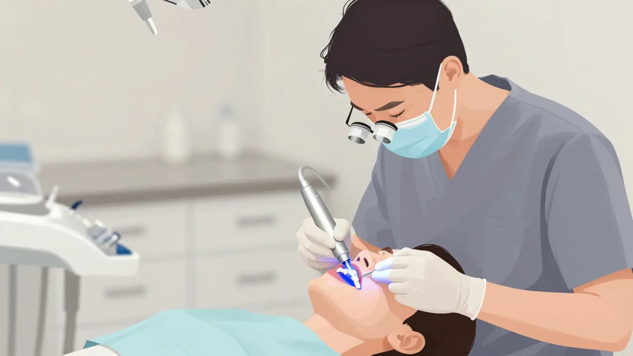 Zubní lékař přilepuje keramickou vložku na zub pomocí světelného zařízení.