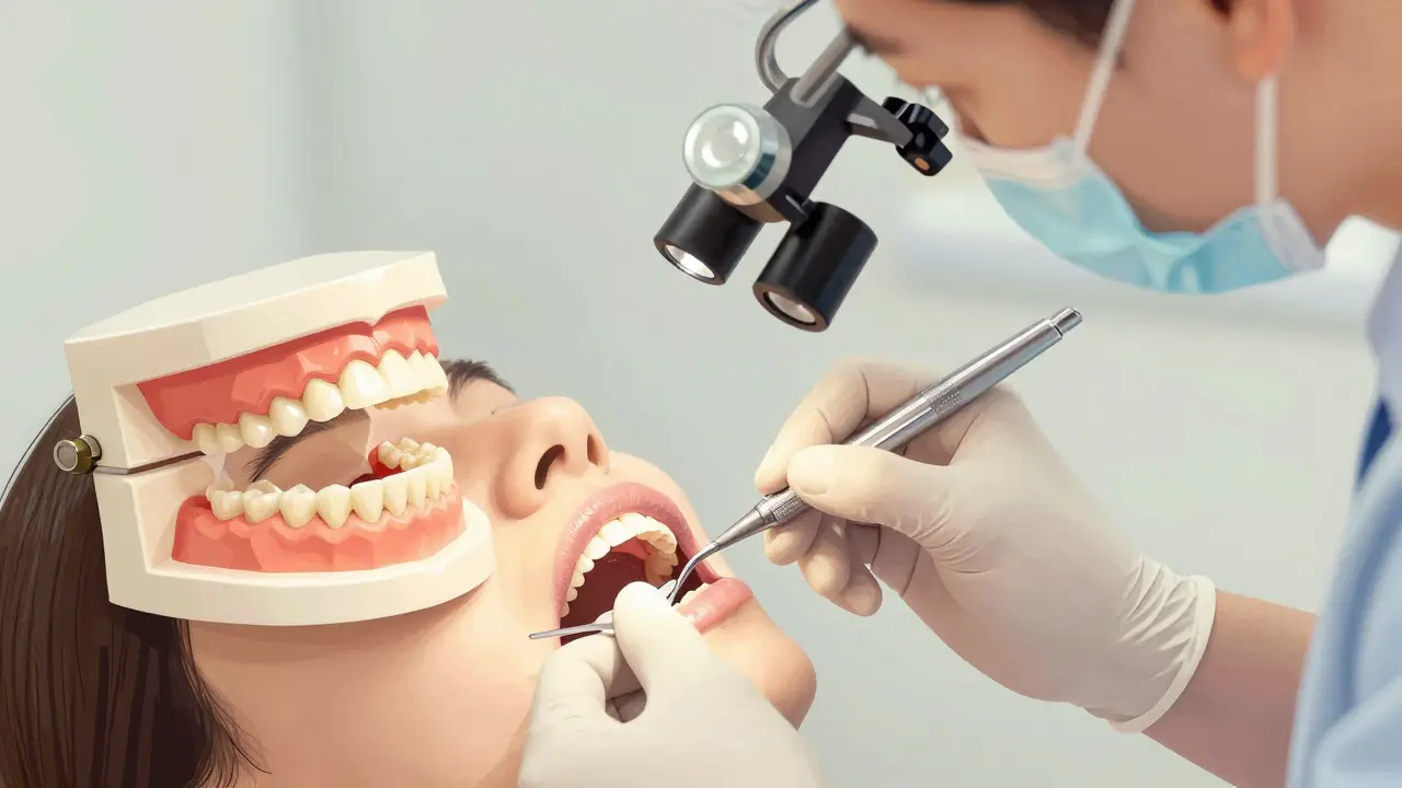 Zubní lékař připevňuje keramickou fazetu na připravený zub s přesnými nástroji.