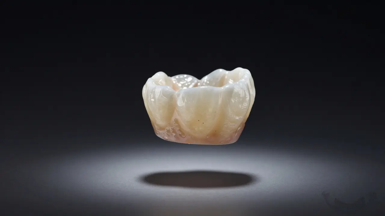 Zvětšená keramická fazeta ve světle, s jemným leskem a detaily povrchu, symbolizující přesnost výroby.