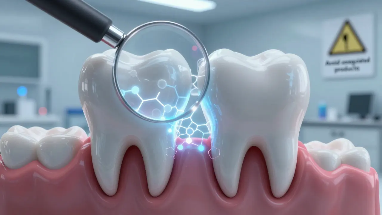 Zvětšený pohled na sklovinu zubu s chemickým bělením