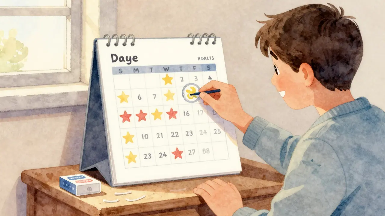 Child placing star sticker on calendar for wearing elastics, parent smiling nearby in soft evening light.