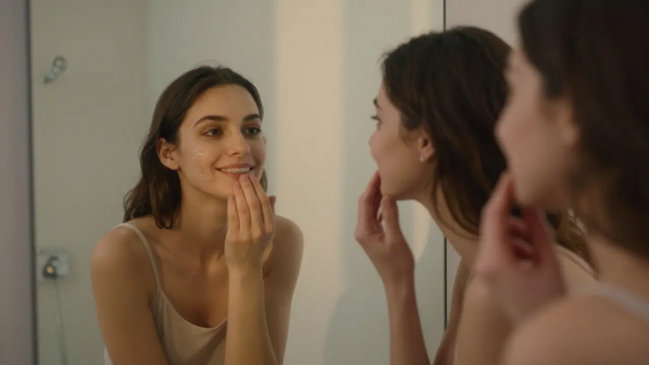 Člověk se dívá do zrcadla a přijímá svůj úsměv, jemně se dotýká rty, ranní světlo.