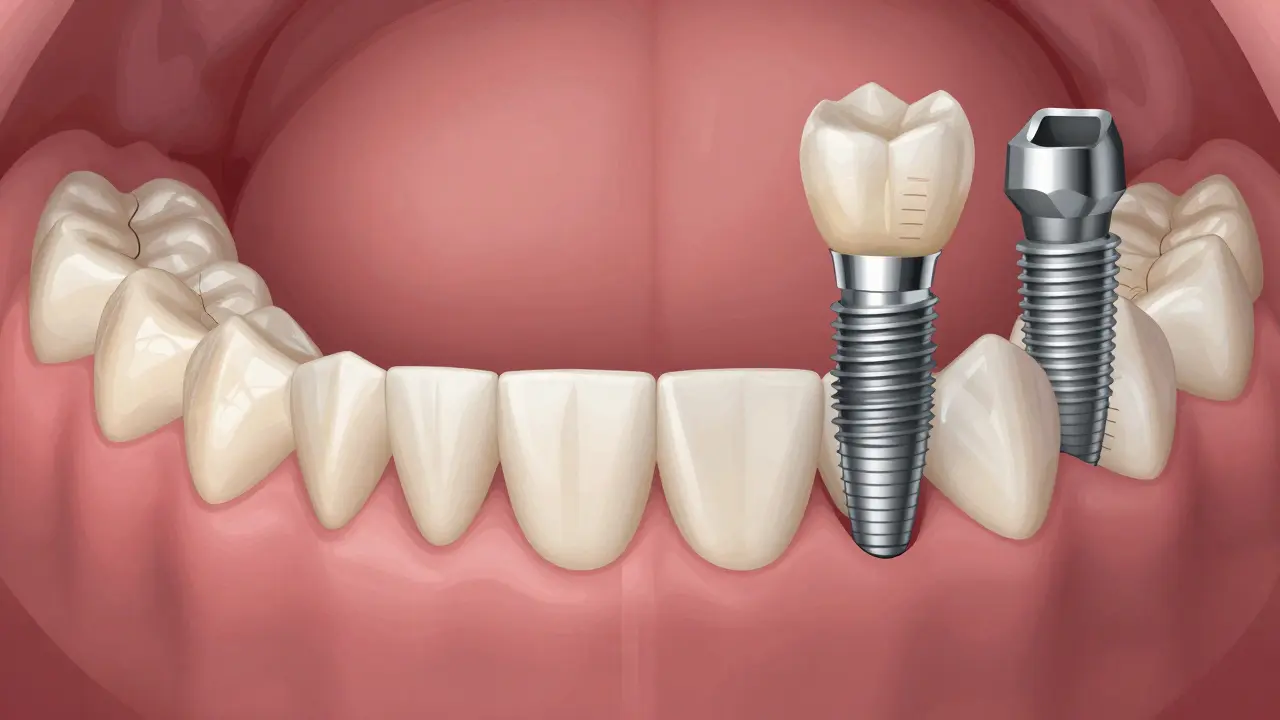 Comparison of a jaw with missing teeth versus restored teeth with dental implants.
