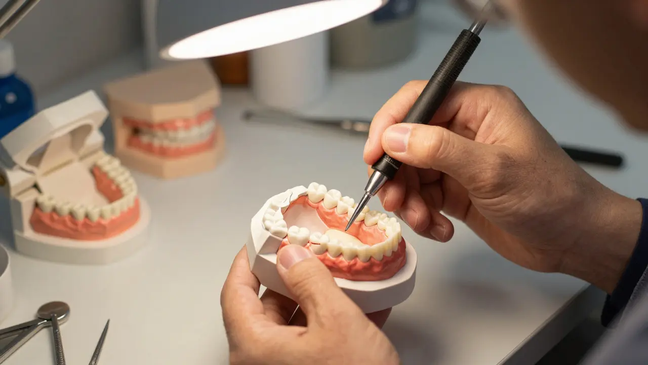 Dental technician pouring gypsum into a detailed jaw impression mold in a laboratory.