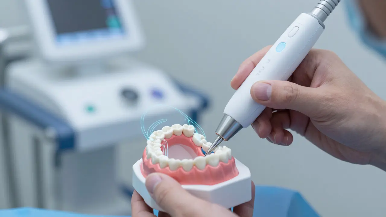 Dental technik skenuje čelist pacienta s digitálním zobrazením pohybu zubů.