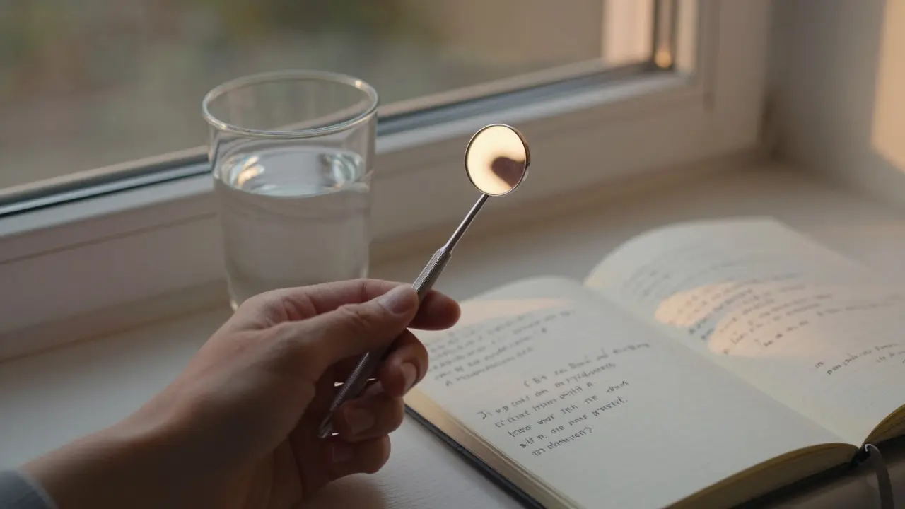 Dentální zrcátko, poznámky a sklo vody na okenním předestí ve večerním světle, symbolizující denní kontrolu úst.