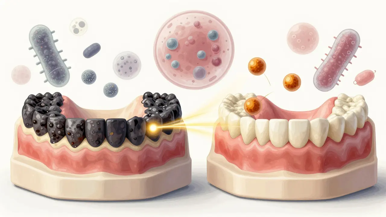 Dvě modely zubů: jeden s plakem, druhý s redukovaným plakem díky kurkuminu.