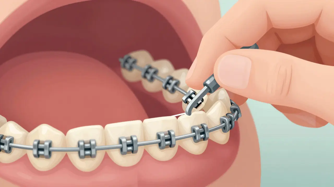 Hand using orthodontic tool to place elastic band between brackets on teeth, detailed and precise.