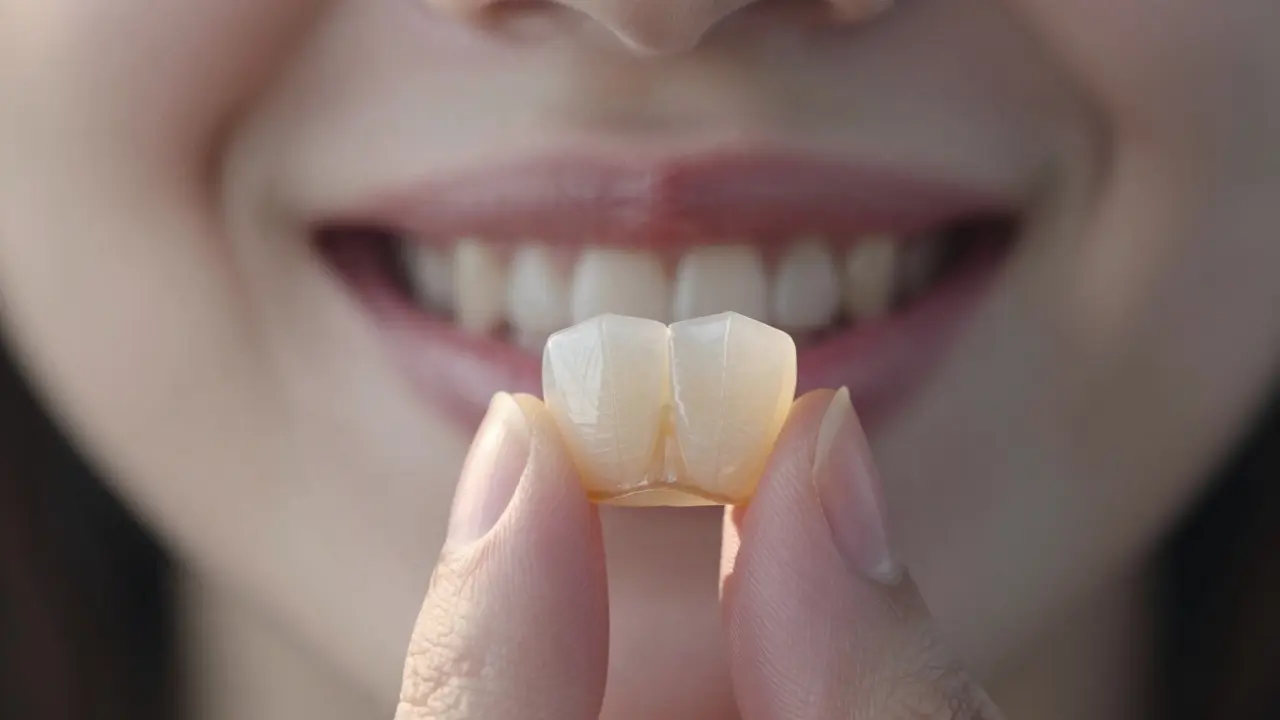 Jedna celokeramická fazeta v ruce s detailním zobrazením její průhledné struktury jako přirozeného smaltu.